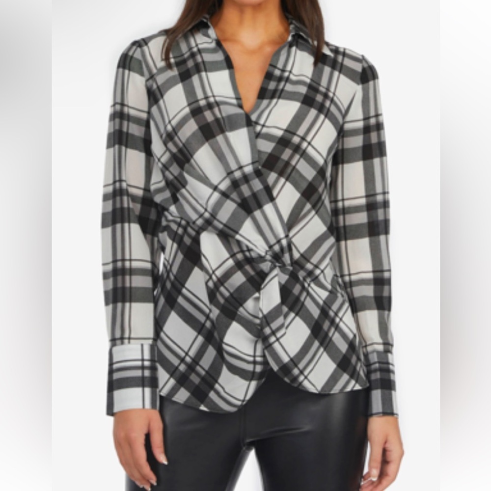 Laundry by Shelli Segal Plaid Twist Front Sheer Blouse XS Crossover Top Casual